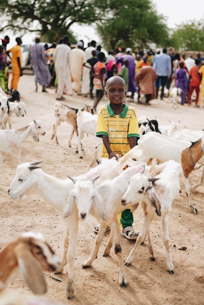 Smiling African boy stands among goats on a rural farm, embraced by community life.